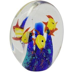Tropical Art Glass Paperweight Oceanic Fish Scene Nautical Beachy Collectible